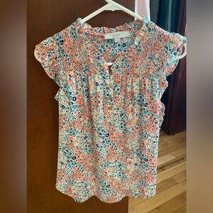 Loft Floral Flutter Sleeve Mixed Media Shell